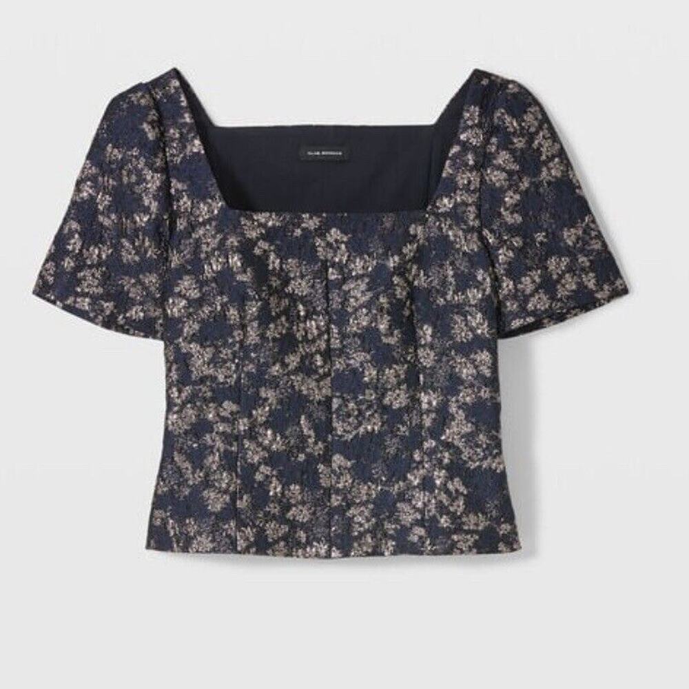 Club Monaco Brocade Puff Sleeve Chemise Top Navy Blue Size 6 NWOT $149